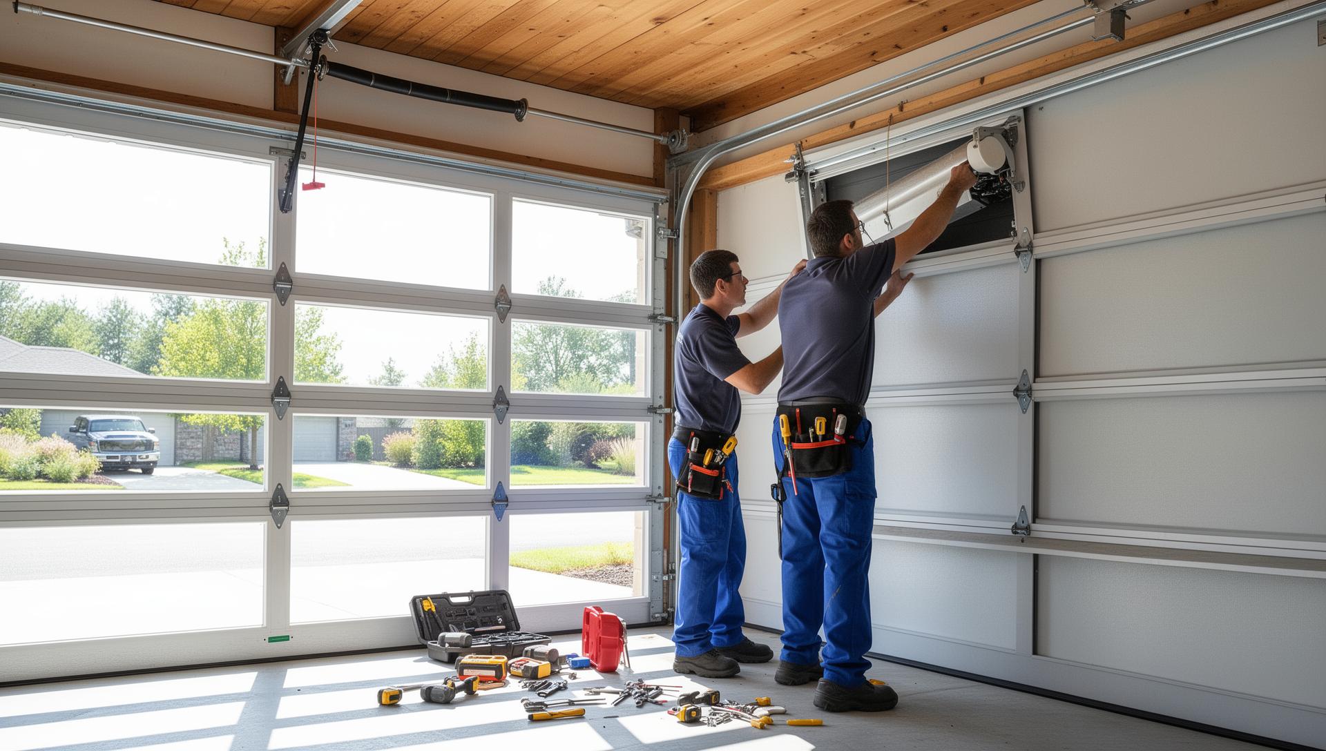 Professional garage door technicians servicing a residential garage door in Cloverdale, Oregon